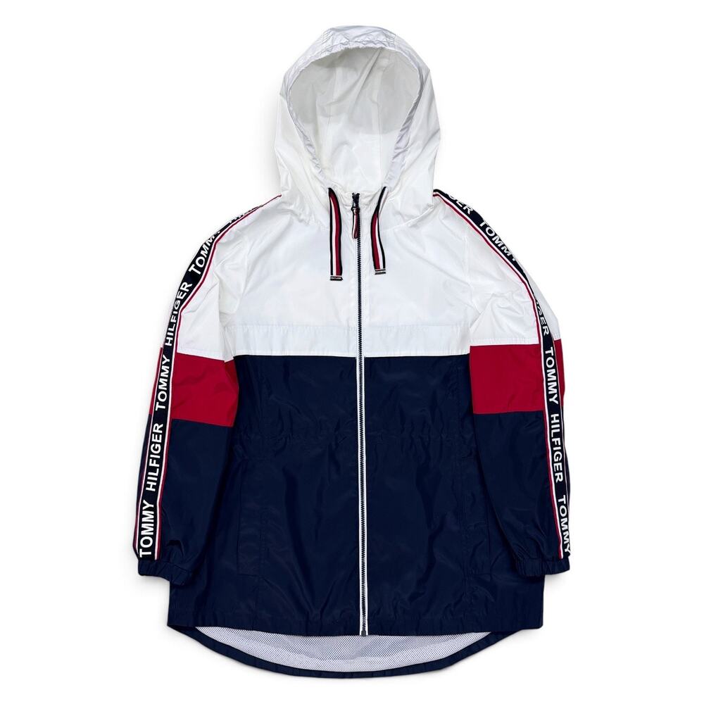 Tommy Hilfiger Hooded Rain Jacket Windbreaker Navy White Red Logo Tape Medium